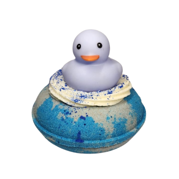 Caramel Thunder blue and grey duck donut bath bomb with rubber duck by Decodrop.