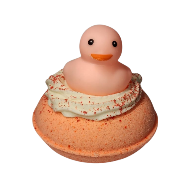 Peaches and Cream peach duck donut bath bomb with rubber duck by Decodrop.
