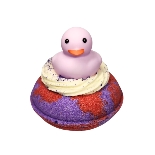 Berry Bubbles red and purple duck donut bath bomb with rubber duck by Decodrop.