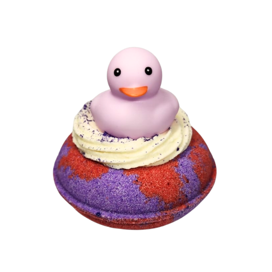 Berry Bubbles red and purple duck donut bath bomb with rubber duck by Decodrop.