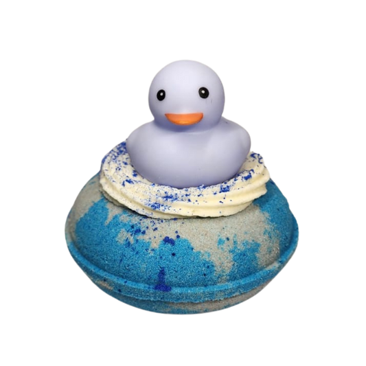 Caramel Thunder blue and grey duck donut bath bomb with rubber duck by Decodrop.