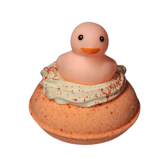 Peaches and Cream peach duck donut bath bomb with rubber duck by Decodrop.