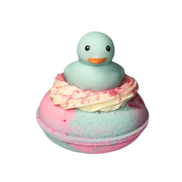 Sugar Rush pink and blue duck donut bath bomb with rubber duck by Decodrop.