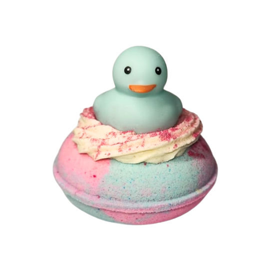 Sugar Rush pink and blue duck donut bath bomb with rubber duck by Decodrop.