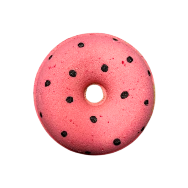 Watermelon Donut pink and green bath bomb with black seed details by Decodrop.