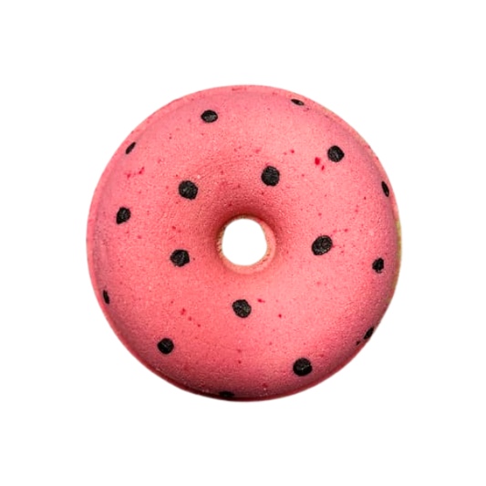 Watermelon Donut pink and green bath bomb with black seed details by Decodrop.