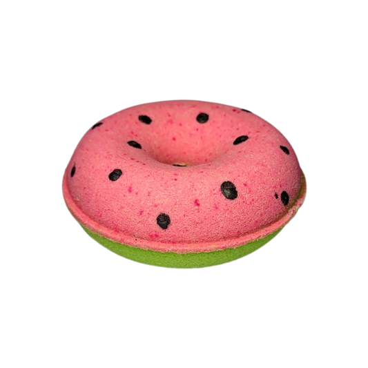 Watermelon Donut pink and green bath bomb with black seed details by Decodrop.